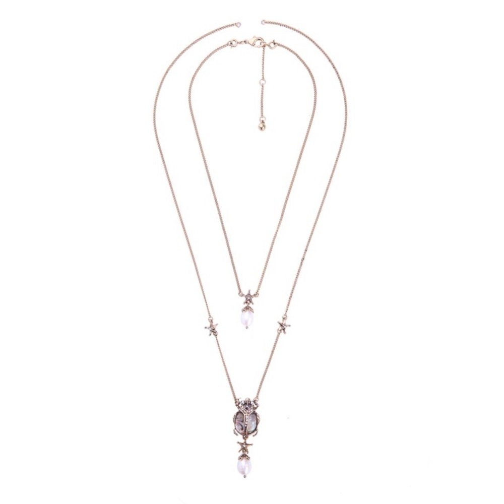 Goldtone 2 in 1 Layered Beetle Necklace with Freshwater Pearls accent